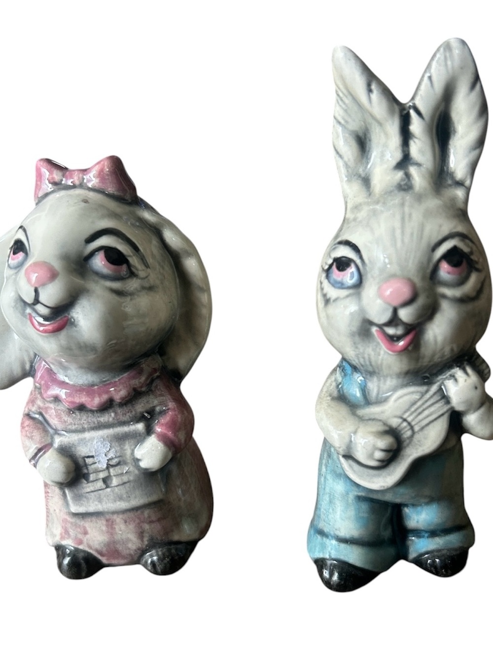 Vintage Ceramic Easter Bunny Set 1960s Kitschy Musical Boy & Girl Rabbit